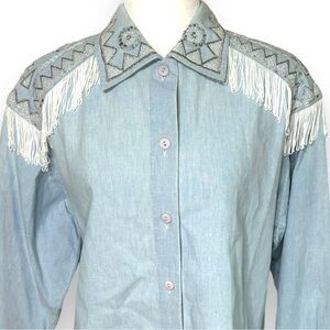Vintage oversized western bead embellished button up‎ shirt w/tassels Size Small